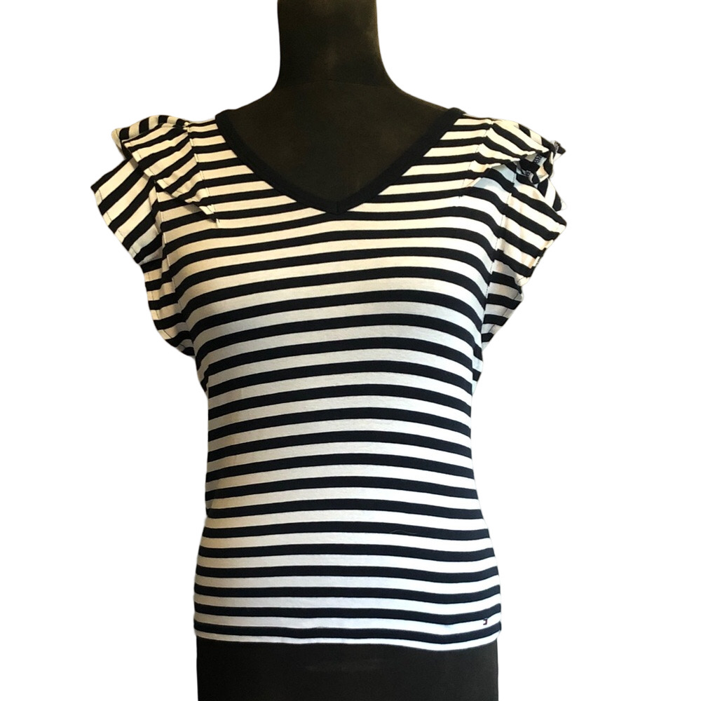 Tommy Hilfiger Striped Navy and White Ruffle Sleeve Short Sleeve Top, Size M